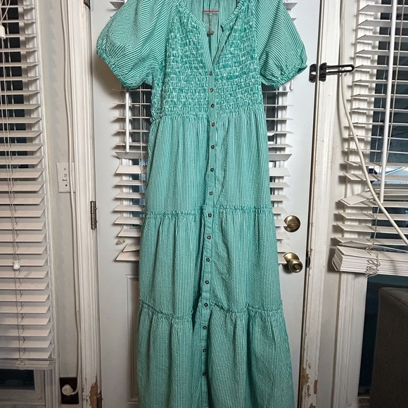 Sundance Dresses & Skirts - Sundance NWOT Teal Striped Maxi Dress XL Short Sleeve Cottagecore Milkmaid